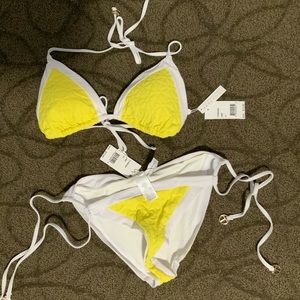 Trina Turk yellow flower print embossed string bikini size 12 not worn